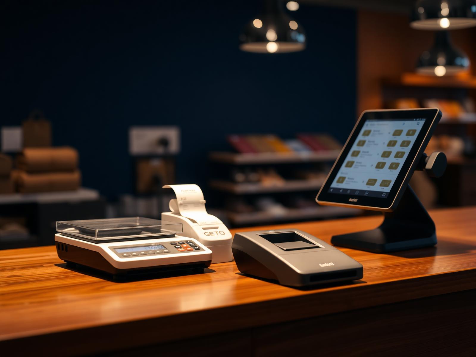 Retail counter with weighing scale, POS and printer